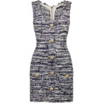 BUTTONED STRETCH TWEED MINI DRESS IN BLUE+WHITE