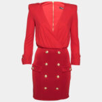 BALMAIN Stretch-knit V-neck Mini Dress In Red