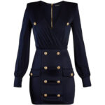 BALMAIN NAVY BLUE SHORT V-NECK DRESS